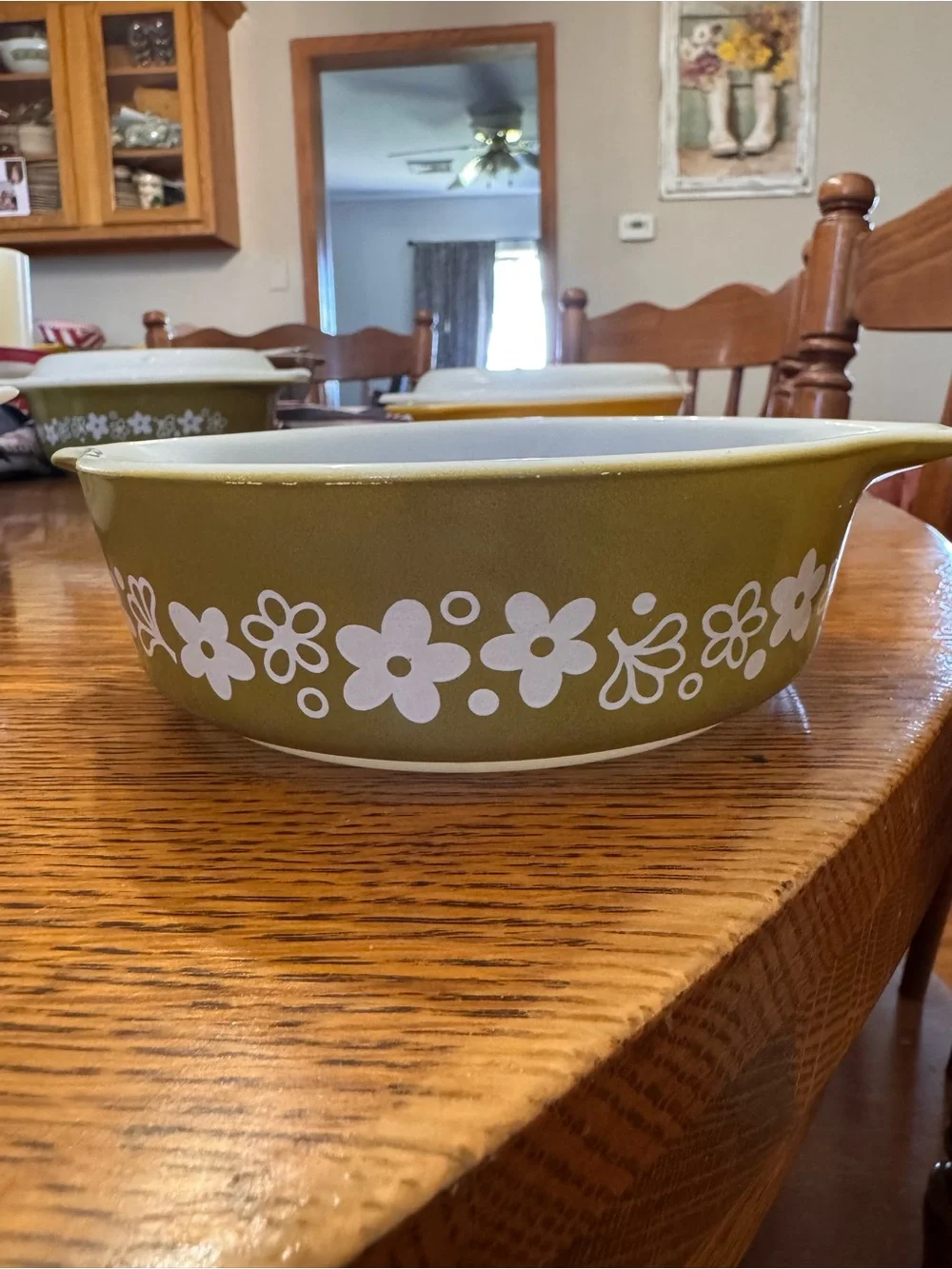 Pyrex Green Floral Serving or baking dish - White Flower Pattern